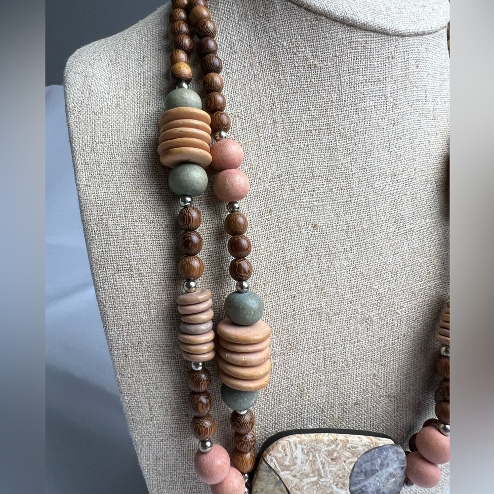 Wood & Metal Double Strand Necklace with Acrylic & Stone Pendant - Picture 4 of 8
